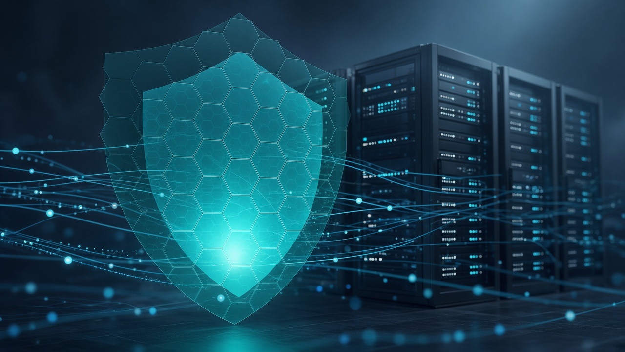 Abstract teal shield protecting application infrastructure